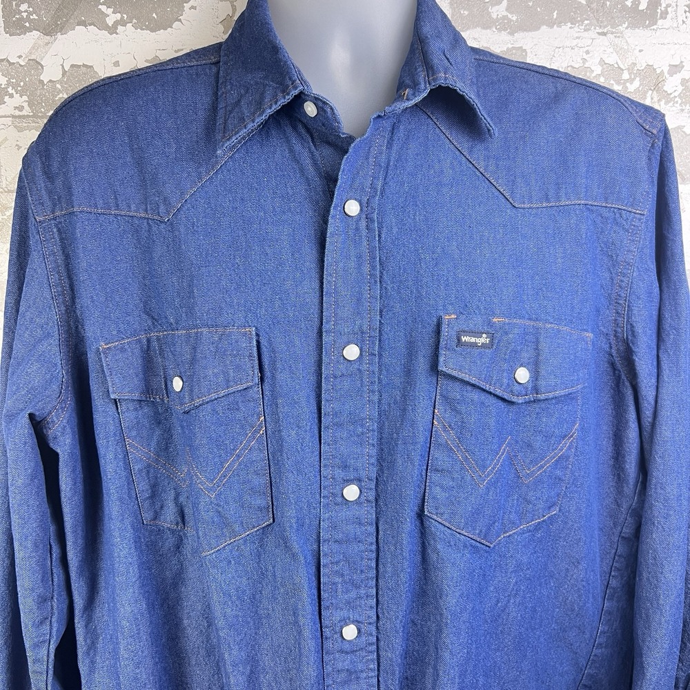 Wrangler Cowboy Cut Denim Western Shirt Mens L Pearl Snap Raw Hem Orange Stitch